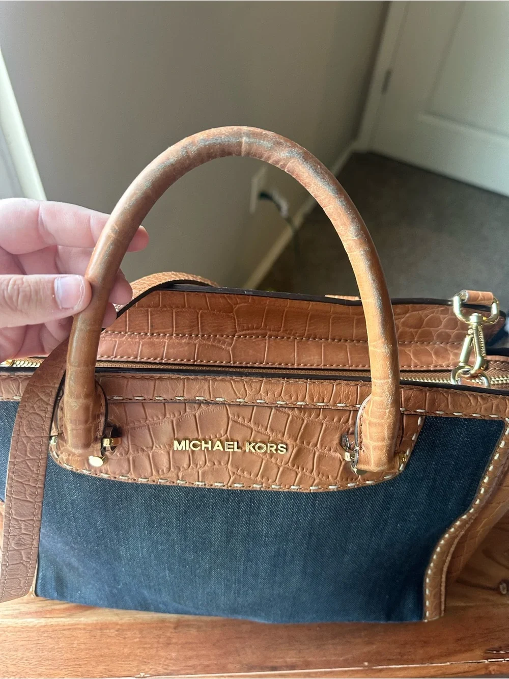 Michael Kors SelmaBrown Croc-Embossed Leather & Denim Canvas Satchel - Picture 4 of 5